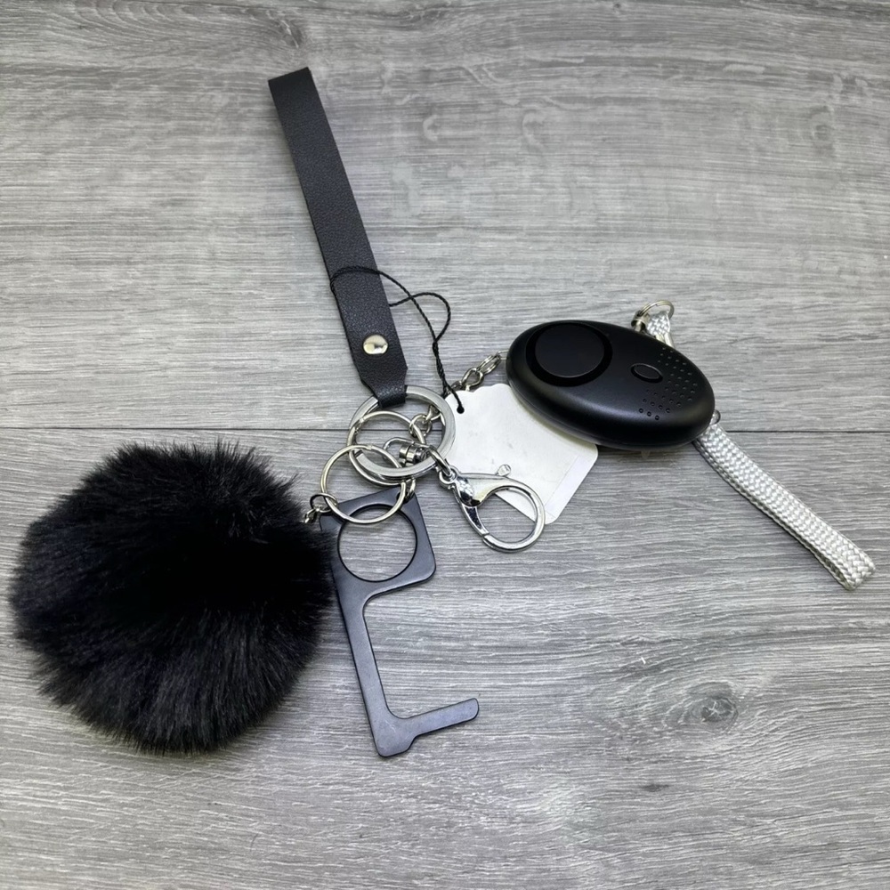 Black Self Defense Keychain w/ Protection Alarm with Pom Pom